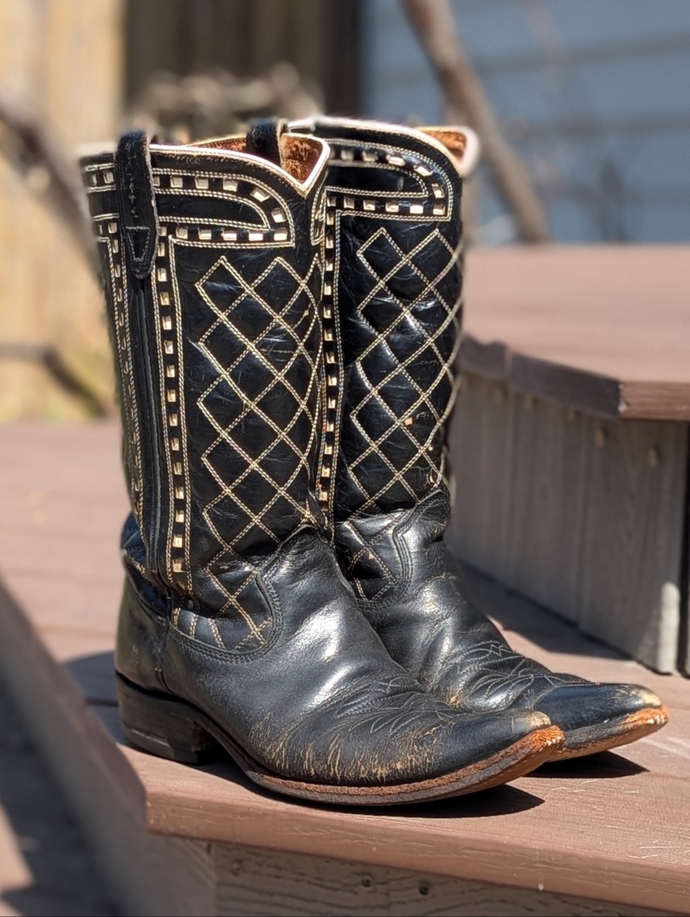Western Black Leather Checkered Vintage Cowboy Boots Men's Size 8D Made In USA